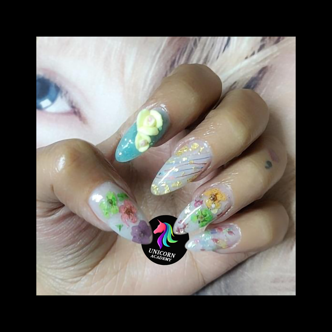 Unicorn Academy India | Clear Gel Nails with Dried Flowers & 3D Bloom