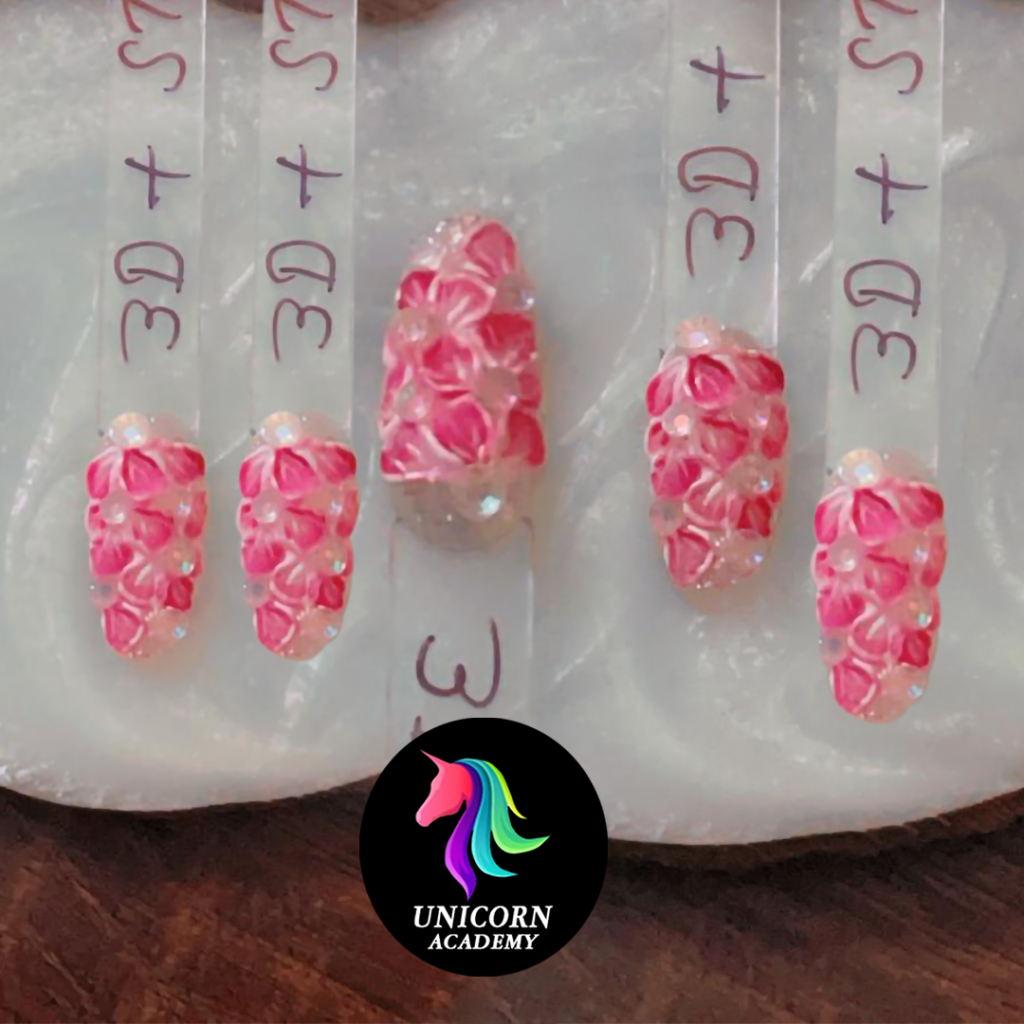 Delicate 3D rose design on elegant nails.