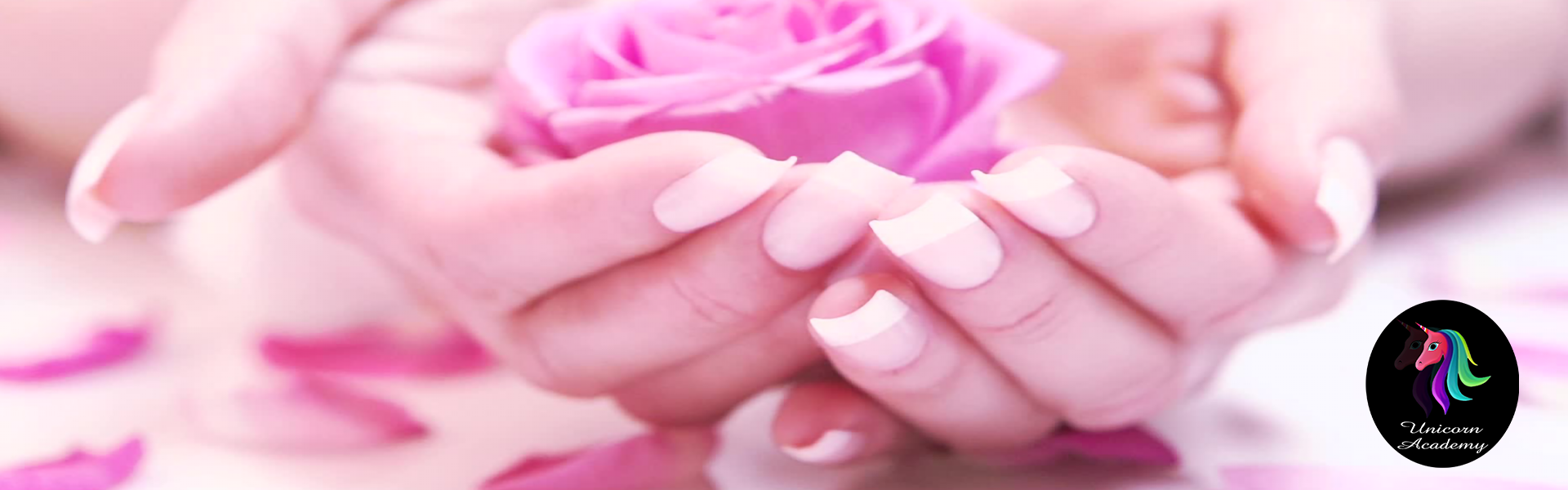 A photo of a hand with square-shaped French nail extensions. The tips are white, and the rest of the nails is a soft pink color.