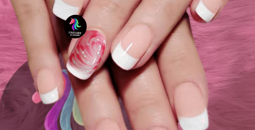 Strong Healthy Nails Under Glue | Elegant French Manicure with Delicate Unfurling Artwork by Unicorn Academy Student.