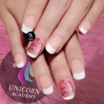 Strong Healthy Nails Under Glue | Elegant French Manicure with Delicate Unfurling Artwork by Unicorn Academy Student.