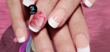 Strong Healthy Nails Under Glue | Elegant French Manicure with Delicate Unfurling Artwork by Unicorn Academy Student.