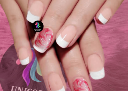 Strong Healthy Nails Under Glue | Elegant French Manicure with Delicate Unfurling Artwork by Unicorn Academy Student.