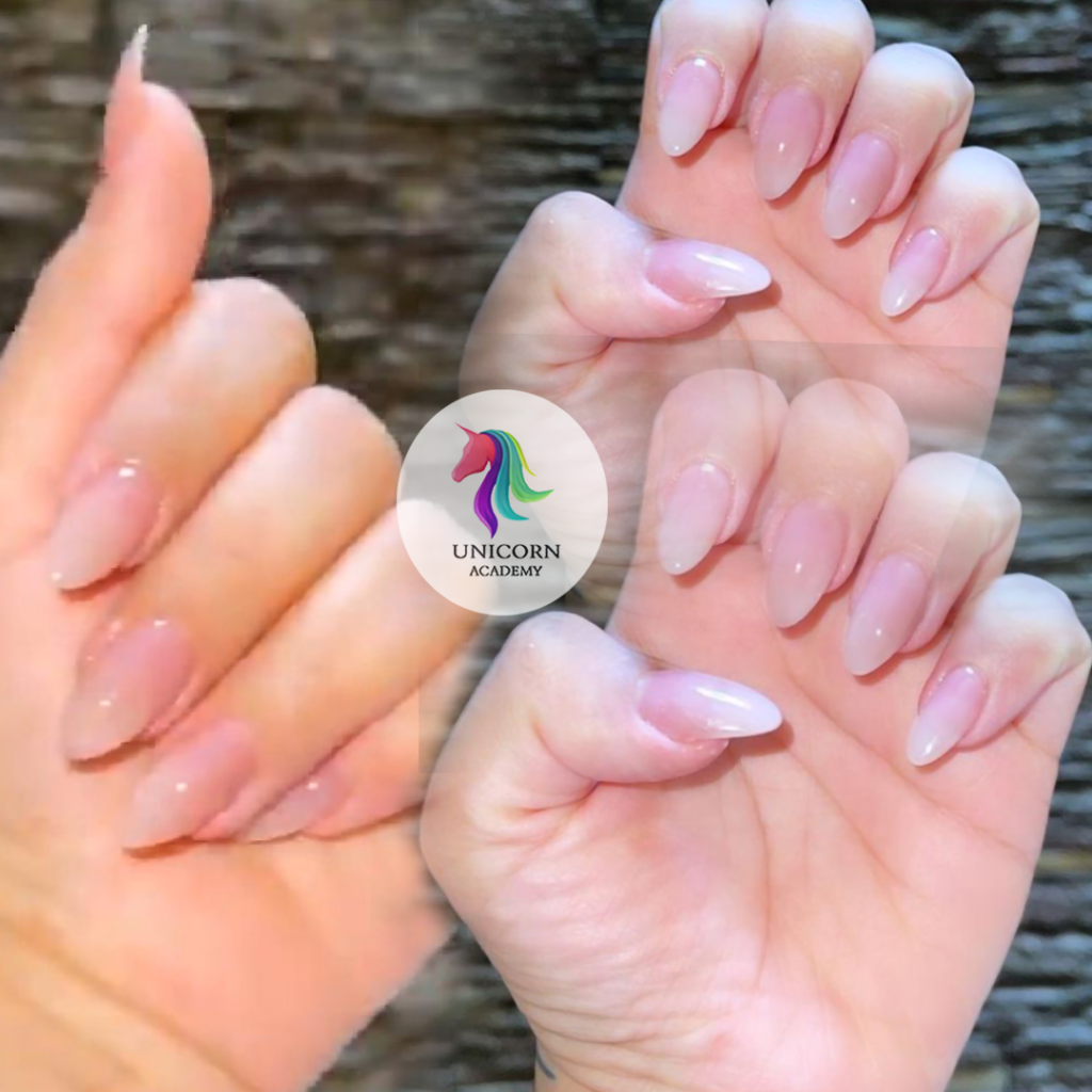 Long, natural-looking nails with clear gel extensions.