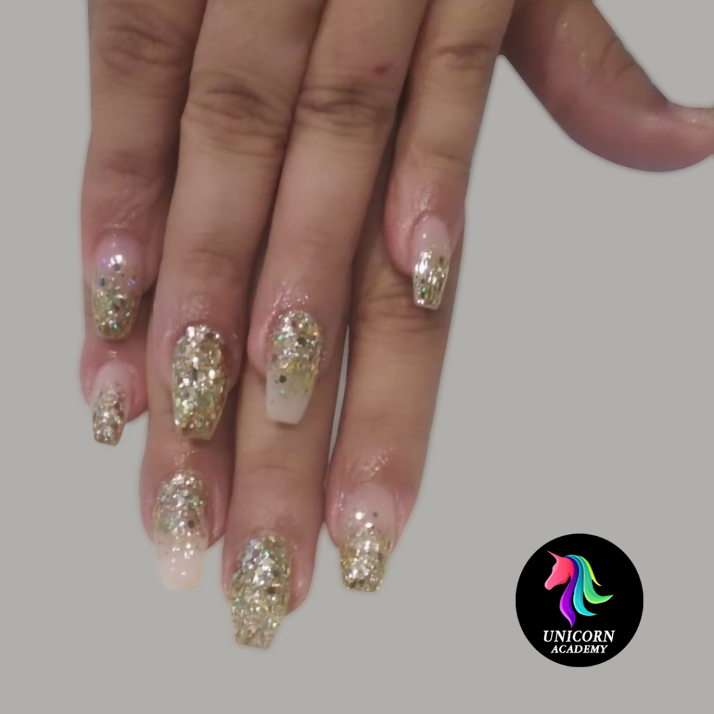 Empowering Nail Technicians | Unicorn Academy India | Sparkling glitter gel nails for a touch of glamour.