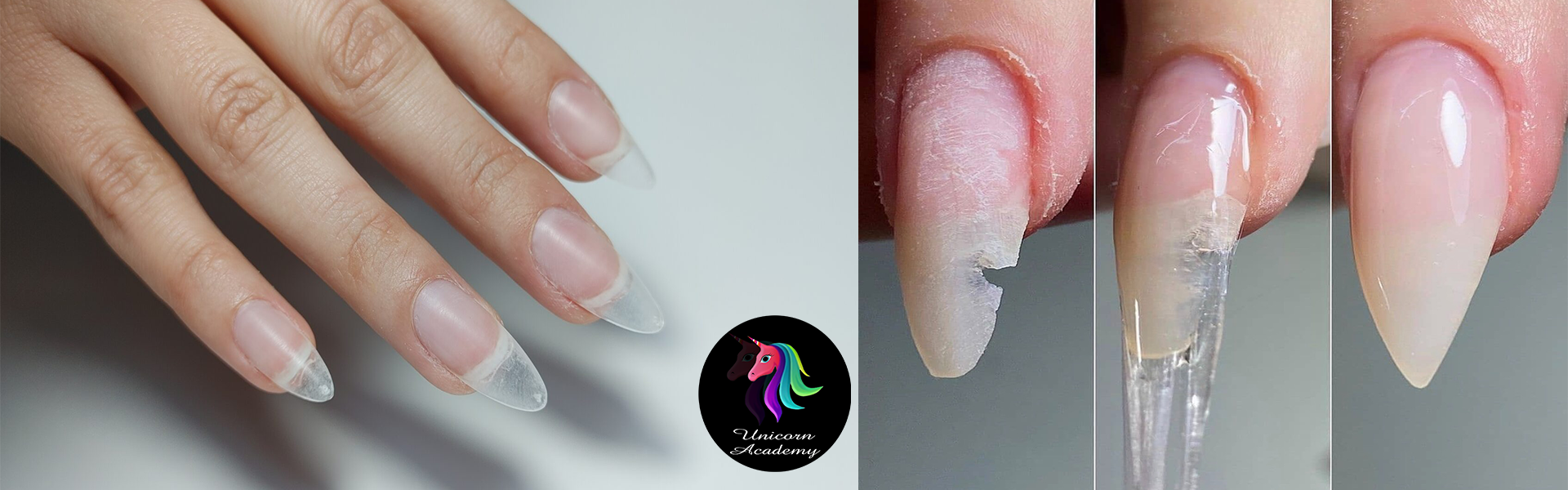 Manicure showcasing various elements of unicorn nail art, including holographic polish, a 3D sculpted unicorn horn, and a rainbow color scheme.