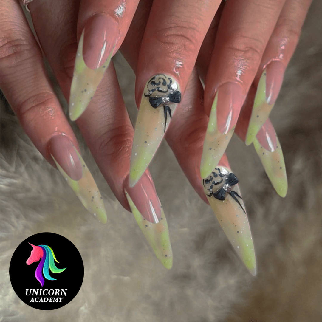 Nail Courses | Playful and adorable 3D bow design on nails. Unicorn Academy India