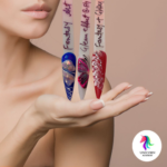 Real Student Reviews | Close-up photo of a hand with elaborately designed fantasy nail art, featuring elements like dragons, scales, and glitter. Perfect for aspiring nail technicians who love creativity.