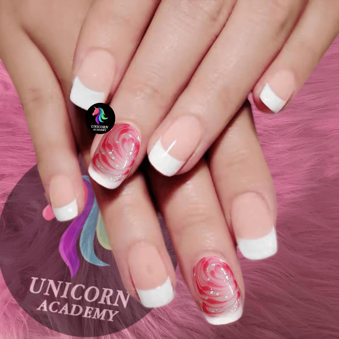 Nail Courses | French nails with elegant unfurled artwork, perfect for a sophisticated nail art look. Learn more about Nail Courses at Unicorn Academy India.